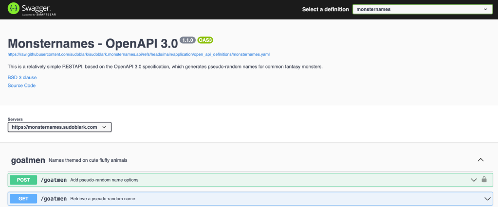 MonsterNames API SwaggerUI documentation interface