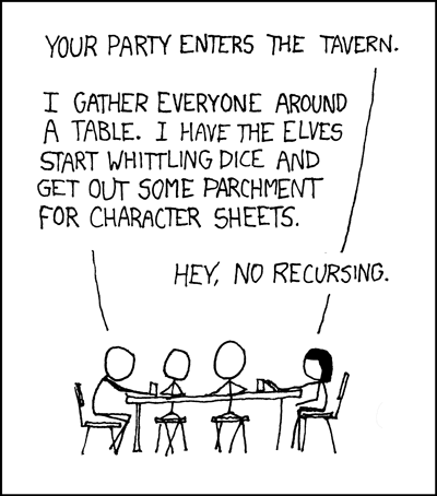 An XKCD comic on recursion, using illustrative characters in a tabletop roleplaying game