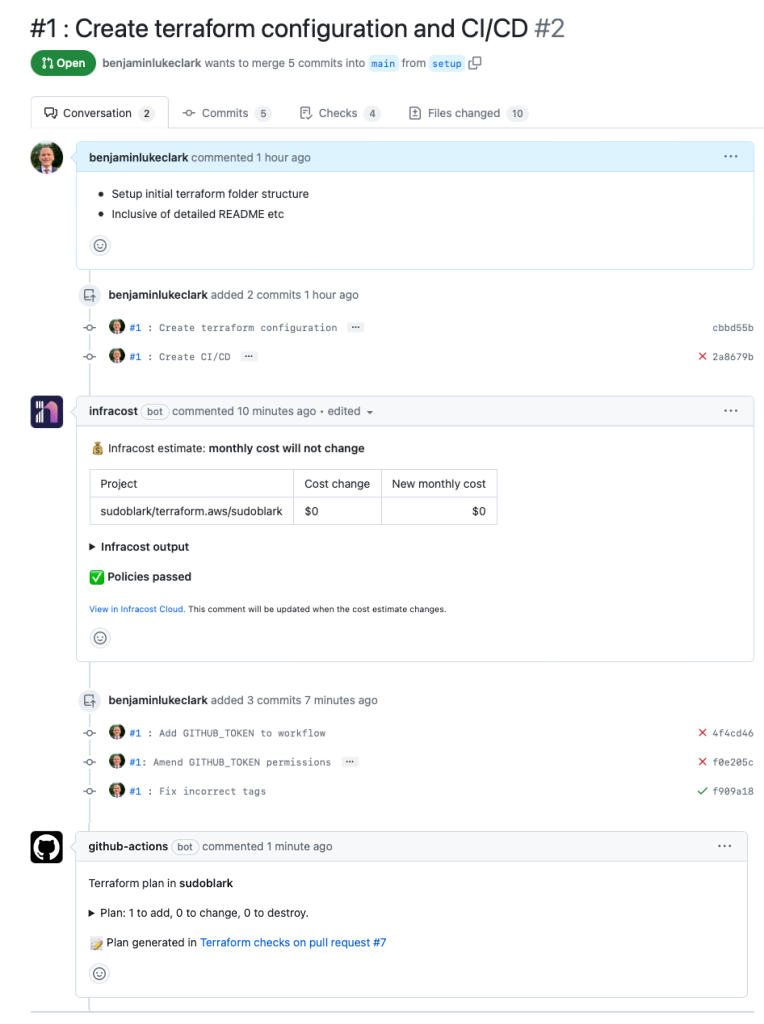 GitHub pull request showing Terraform plan CI check results